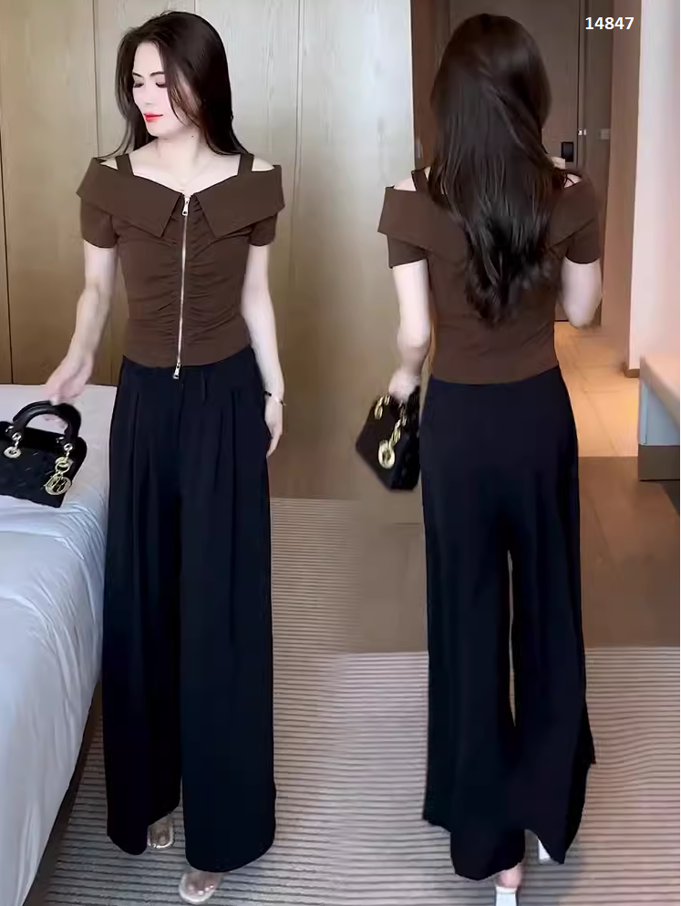 14847-Set bộ áo thun bẹt vai kèm quần suông ( áo thun mịn, quần lụa đũi)_thumbnail_0