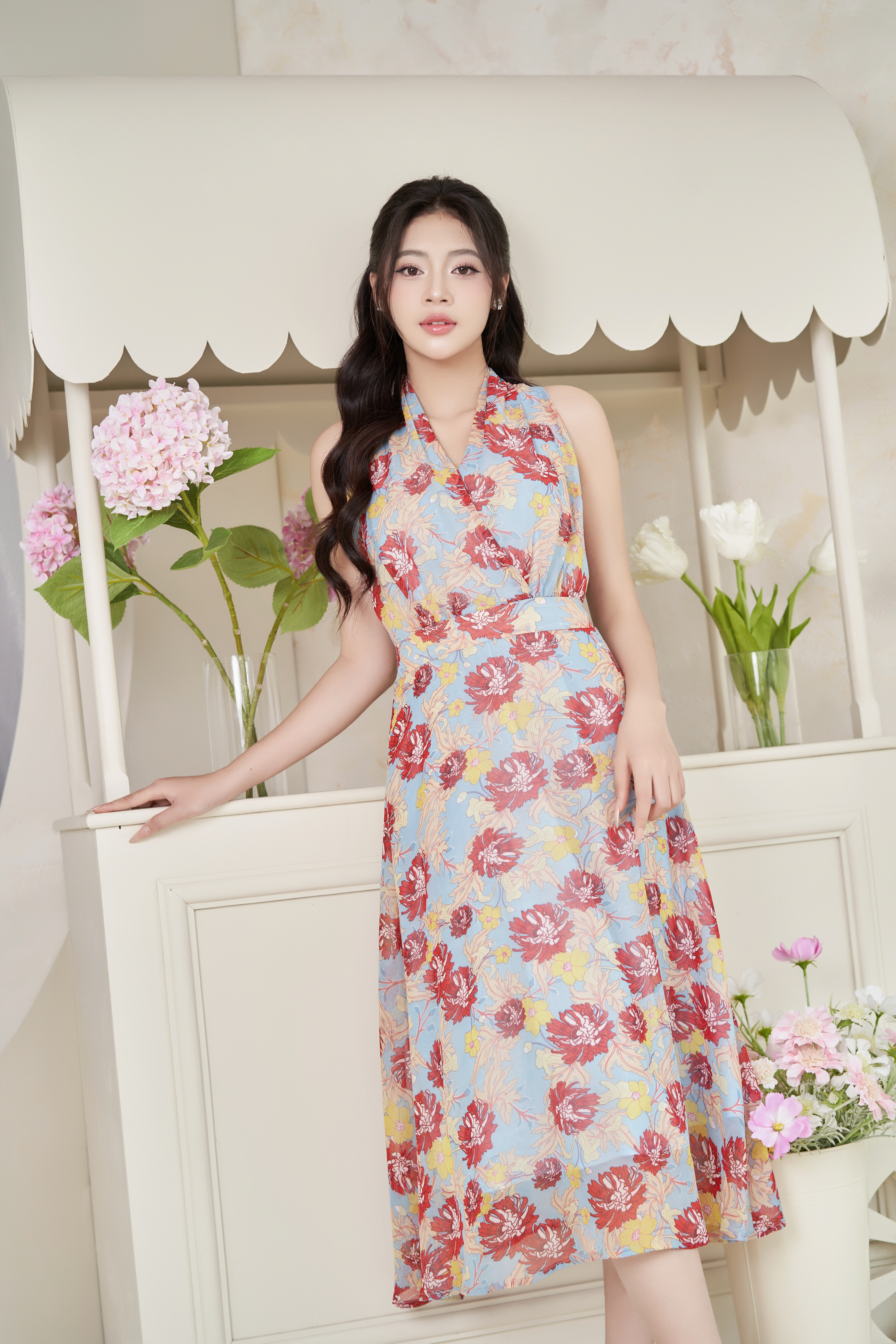 Đầm cổ yếm maxi phối đai VILYA voan hoa cao cấp VD24-172