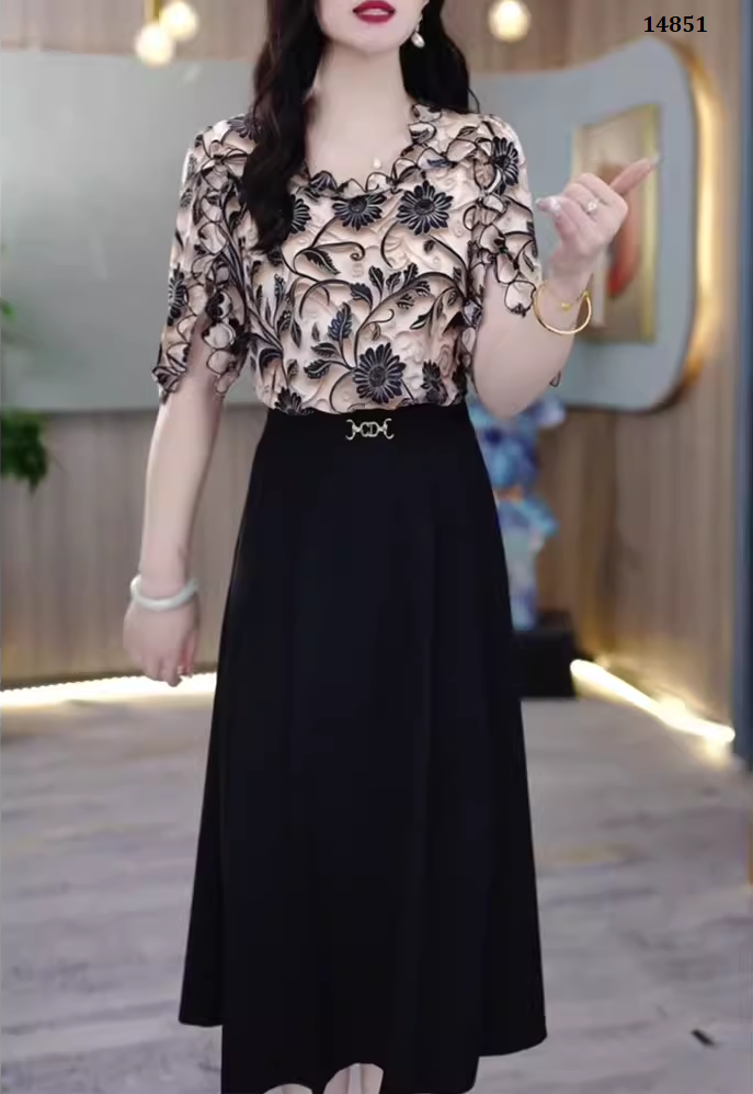 14851-Đầm xòe tay lở  phối voan lụa 3D cách điệu ( voan 3D, thun mịn)_thumbnail_0