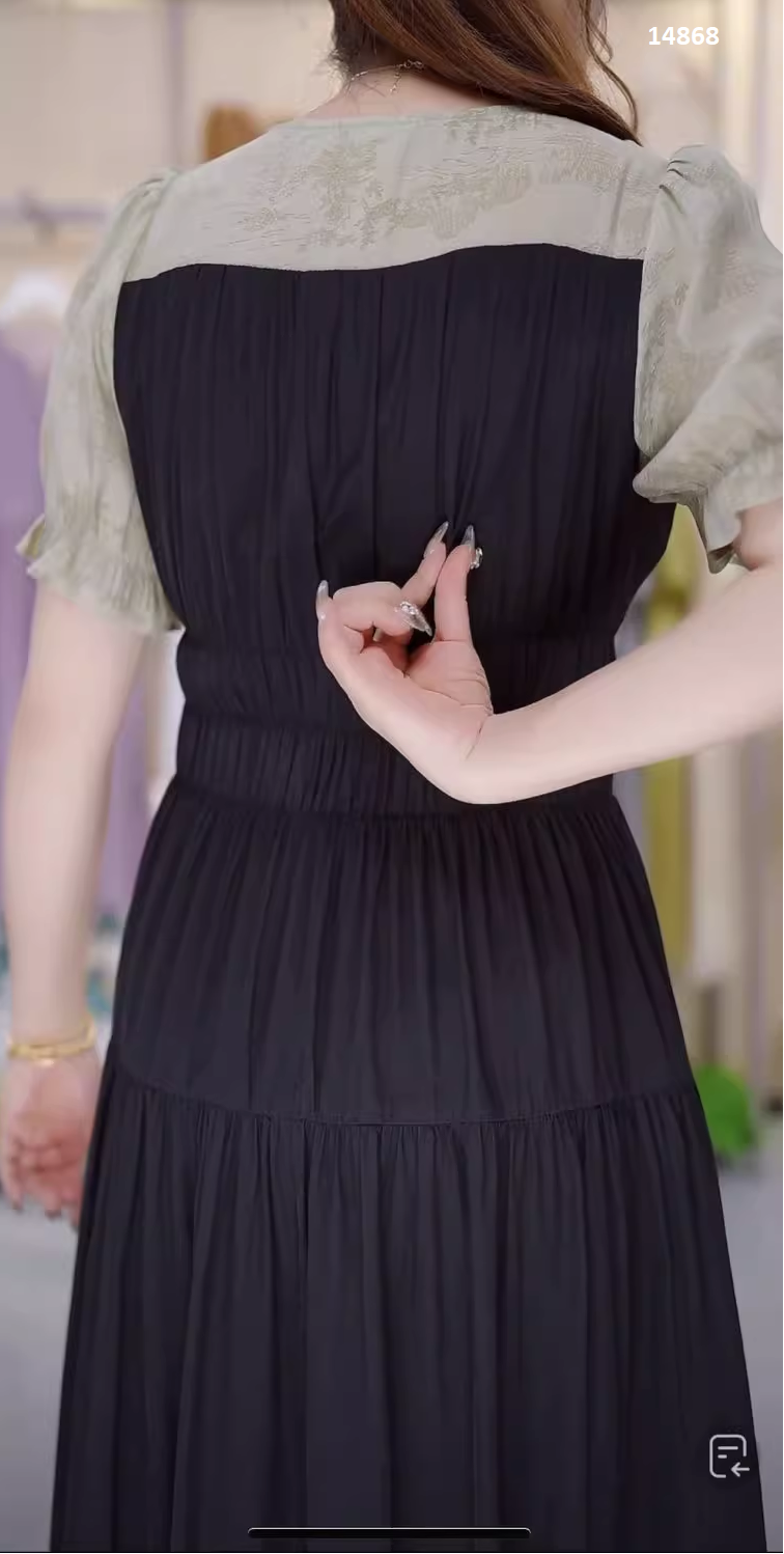 14868-Đầm xoè phối voan in hoa 3D cổ kết nút tàu cách điệu ( thun mịn, voan)_thumbnail_2