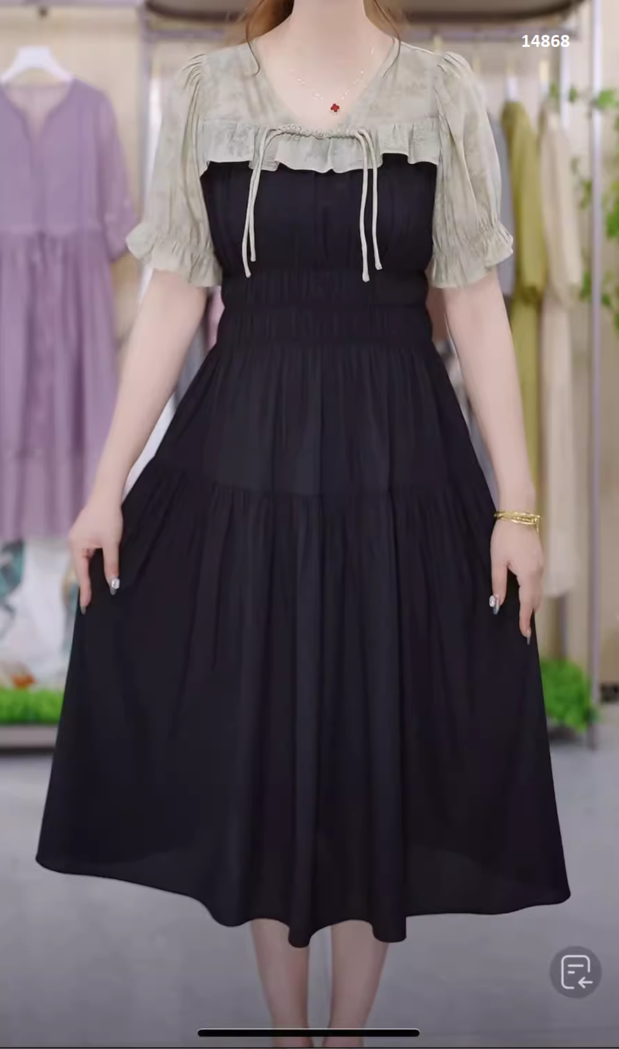 14868-Đầm xoè phối voan in hoa 3D cổ kết nút tàu cách điệu ( thun mịn, voan)_thumbnail_1