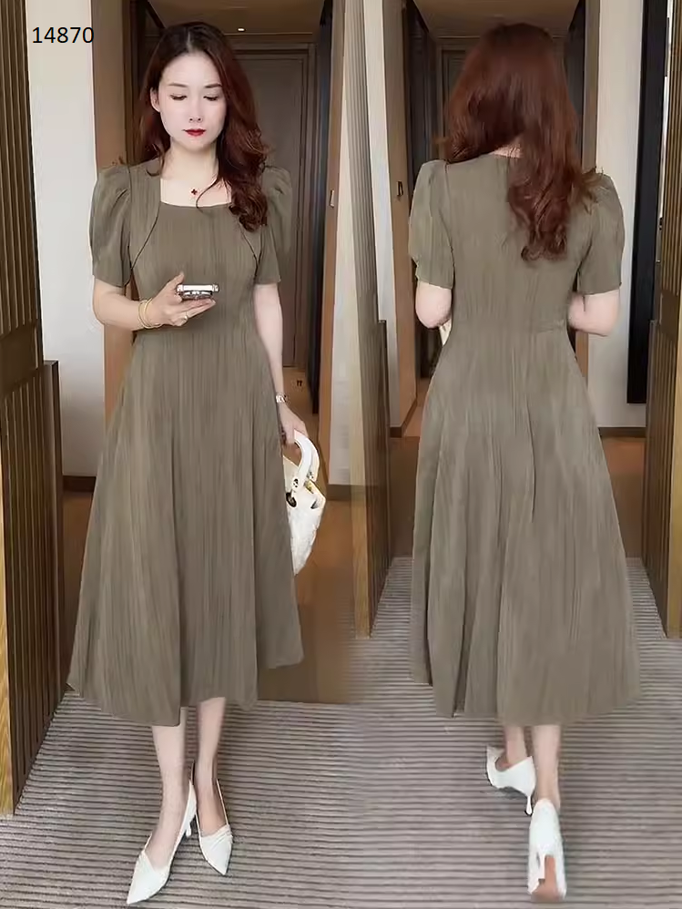 14870-Đầm xoè nâu cổ vuông cách điệu (lụa đũi)_thumbnail_0
