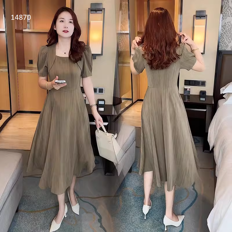 14870-Đầm xoè nâu cổ vuông cách điệu (lụa đũi)_thumbnail_1