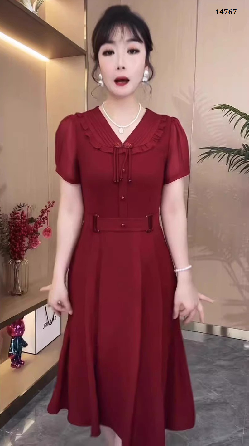 14767-Đầm voan đỏ  xòe  cổ  sen  nơ cách điệu (voan, lót)_thumbnail_0