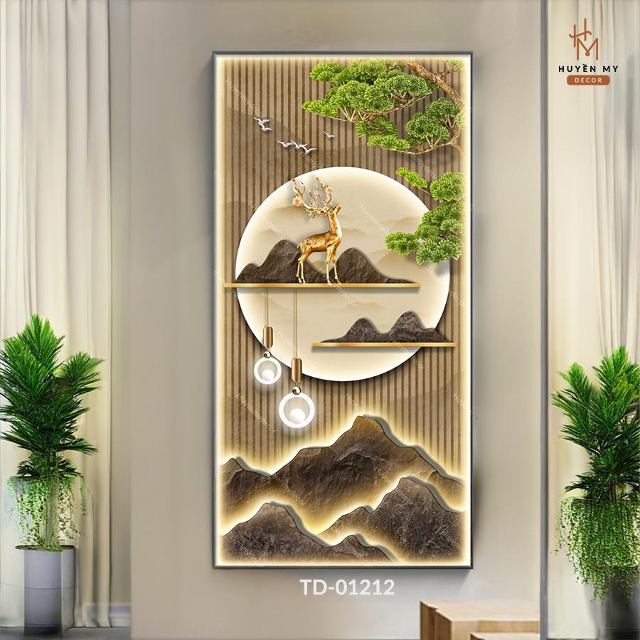 Tranh Treo Tường Tráng Gương Hươu Nai Sơn Thủy Hữu Tình Đèn Led - Giả Led Trang Trí Phòng Khách, Phòng Ngủ