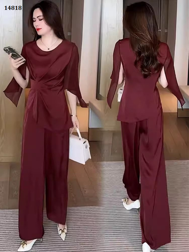 14818-Set  bộ áo kiểu tay loe kèm quần suông đỏ đô ( lụa latin, voan)_thumbnail_0