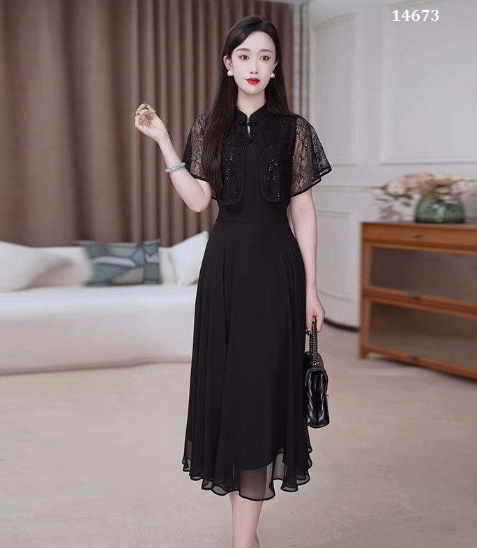 14673-Đầm xòe dự tiệc cổ tàu phối tay tiên ren cách điệu ( voan, ren)_thumbnail_1