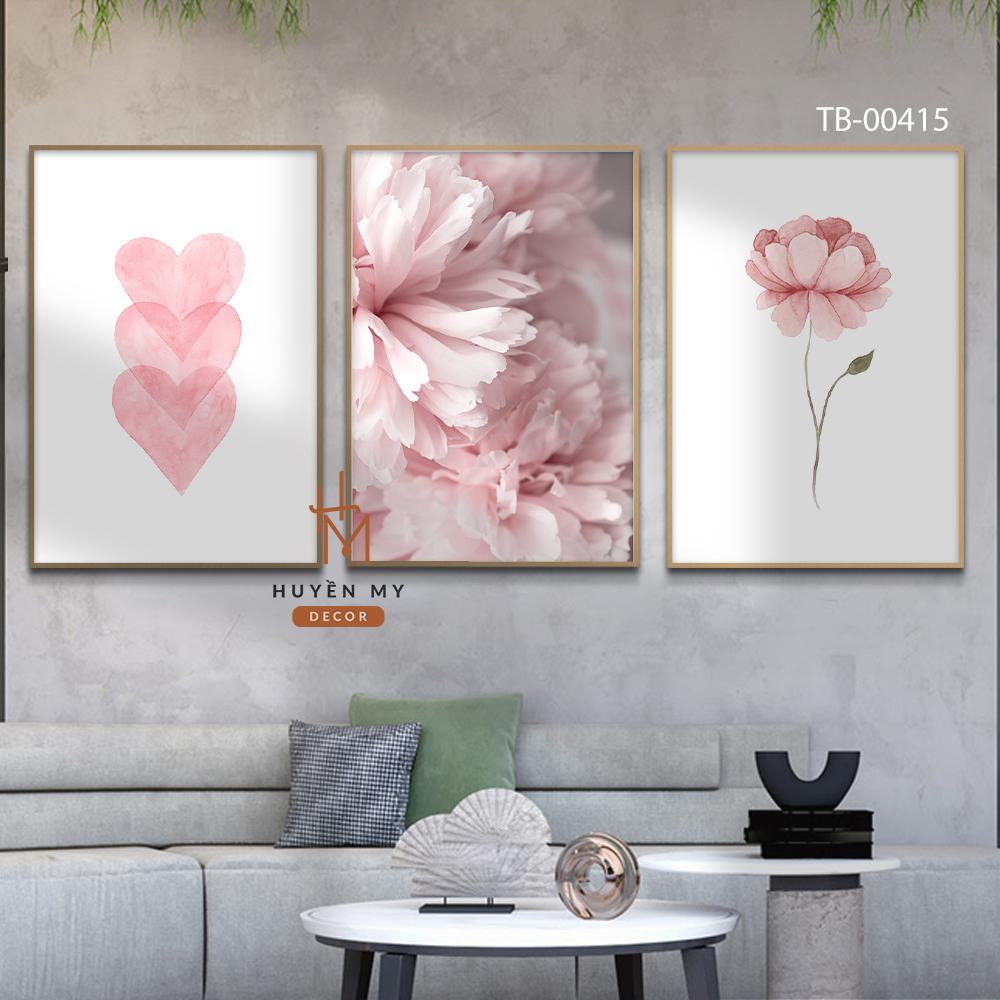 Set Tranh Treo Tường 3 Tấm Chủ Đề Hoa Lá, Chất Liệu Canvas, Lụa Kim Sa, Decor Phòng Khách, Phòng Ngủ - Huyền My Decor