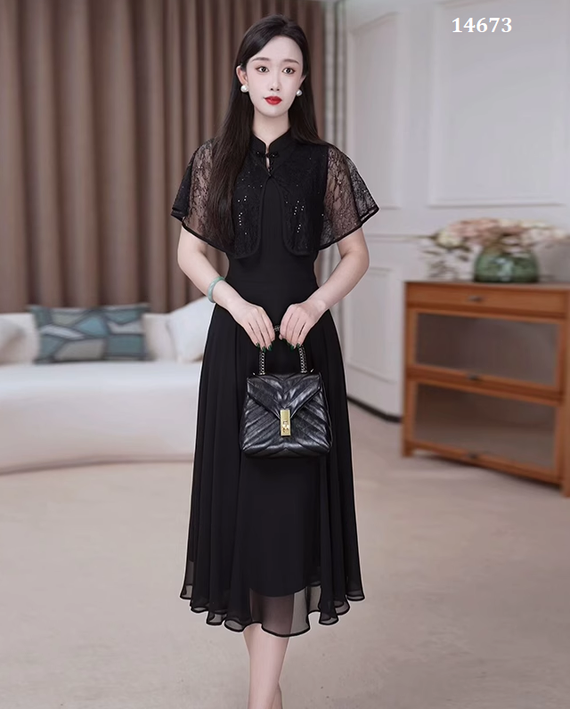 14673-Đầm xòe dự tiệc cổ tàu phối tay tiên ren cách điệu ( voan, ren)_thumbnail_0