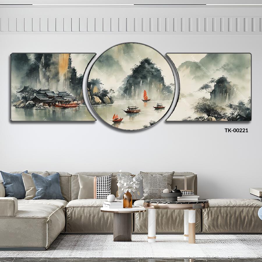 Bộ 3 Tranh Khuyết Tráng Gương Phong Thủy, Sơn Thủy Hữu Tình Hiện Đại, Trang Trí Phòng Khách, Phòng làm Việc, Huyền My Decor