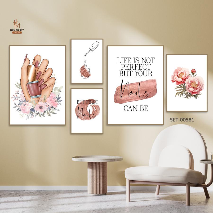 Set 5 Tranh Dán Tường Trang Trí Tiệm Nail, Nối Mi,Tranh Dán Tường Decor Giá Rẻ Kèm Băng Keo 2 Mặt - Huyền My Decor