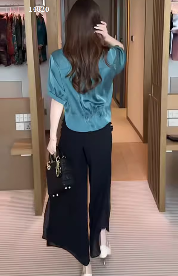 14820-Set  bộ áo xanh kèm  quần voan đen  ( áo lụa latin, quần voan)_thumbnail_1