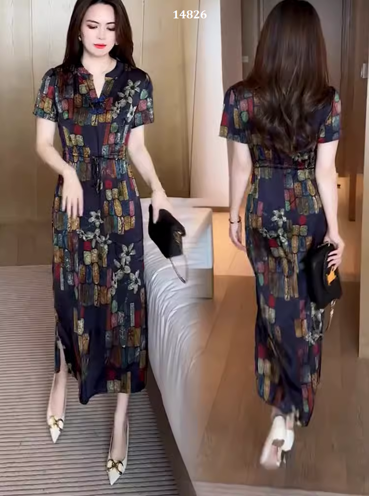 14826-Đầm lụa suông  rút dây eo cổ tàu cách điệu  ( lụa latin)_thumbnail_0