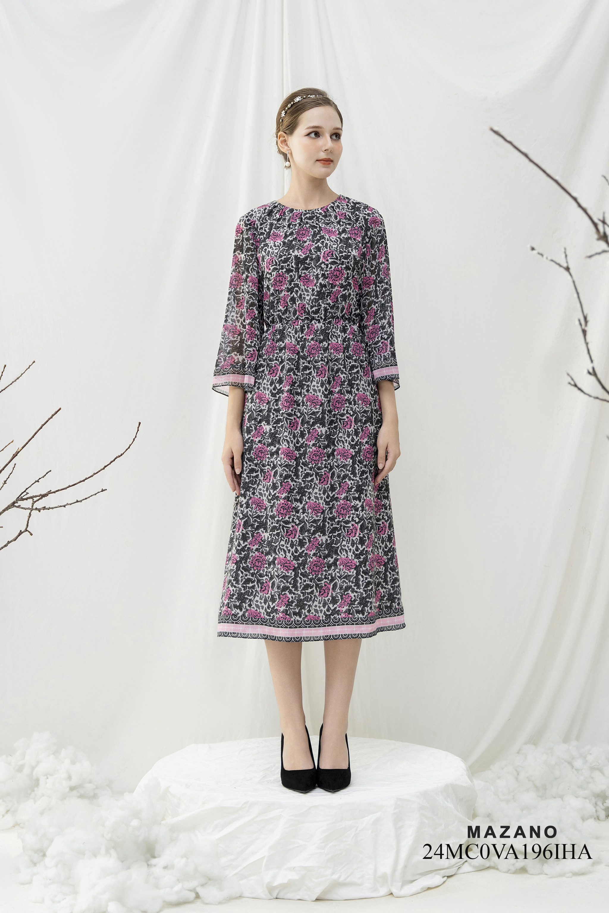 Váy Đầm bùng eo Vải voan lụa Hoạ tiết hoa trang trí gấu váy  Cổ tròn Tay lỡ Dài qua bắp chân