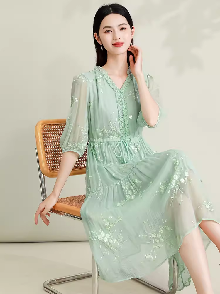 14991-Đầm xoè voan hoa xanh eo thắt dây rút (voan , lót)_thumbnail_0