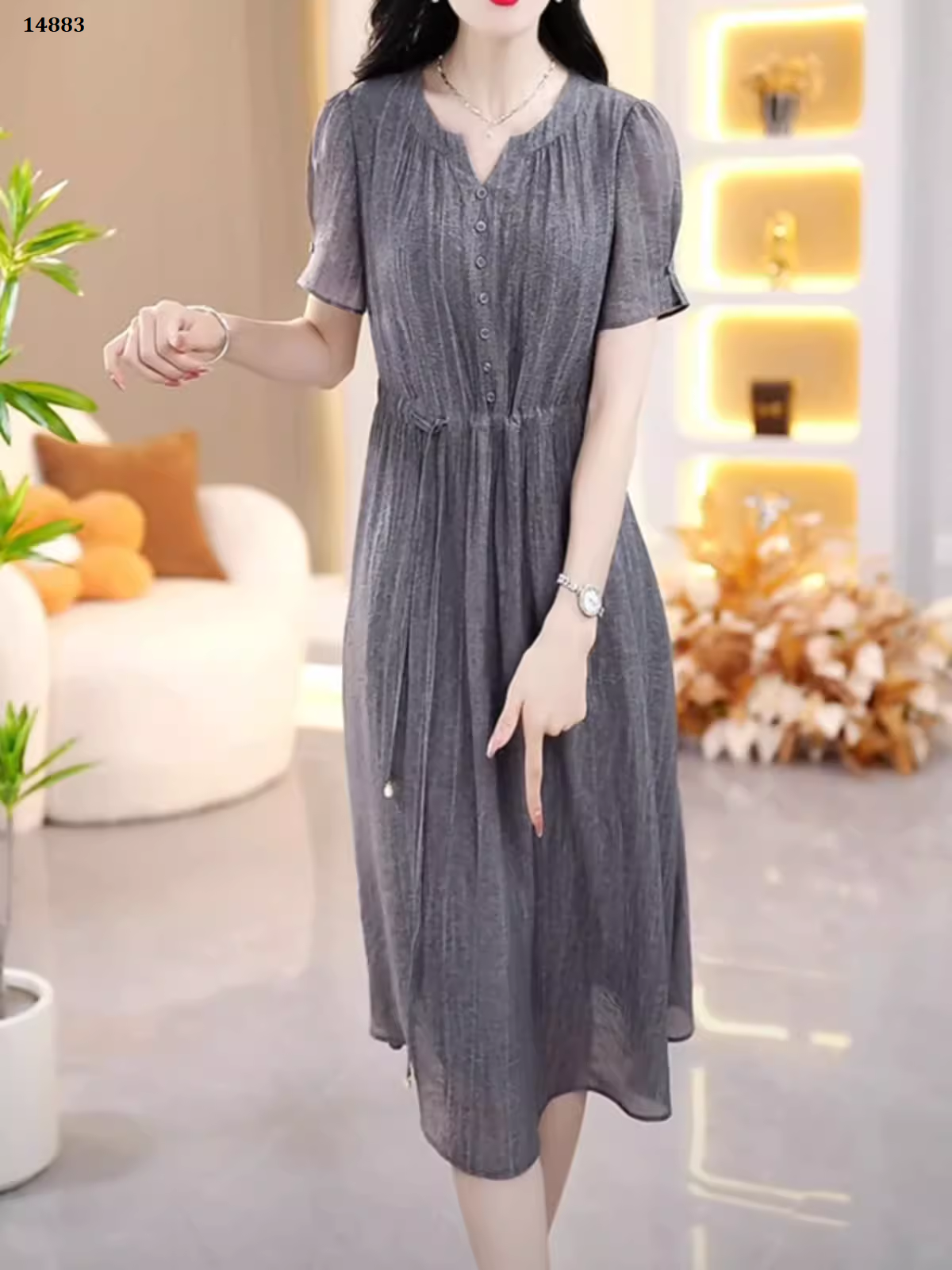 14883-Đầm xám xoè kết nút eo rút dây cách điệu ( voan lụa, lót)_thumbnail_0