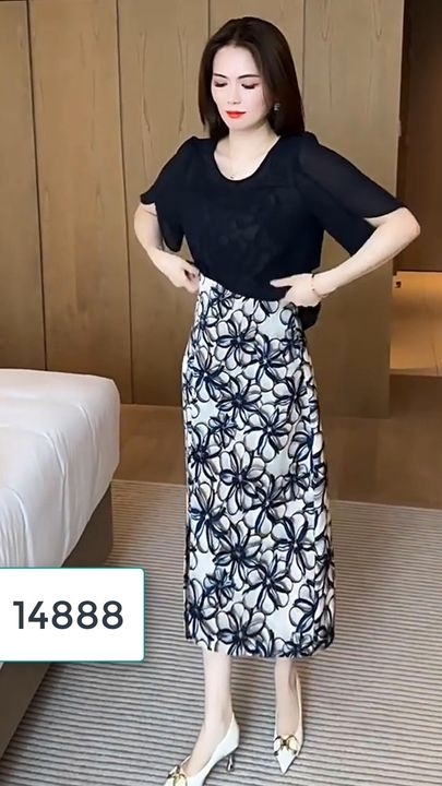 14888-Đầm suông hoa 3D phối voan đen thân trên ( voan lụa, voan)_thumbnail_0