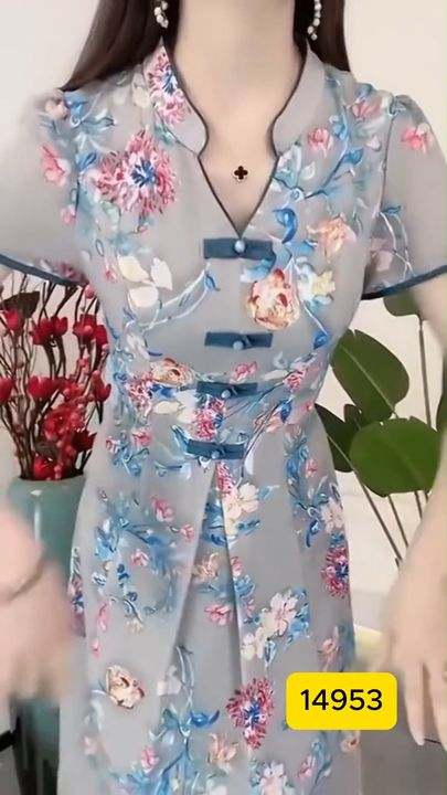 14953-Đầm  voan xanh  chữ A cổ tàu kết nút (voan , lót)_thumbnail_0