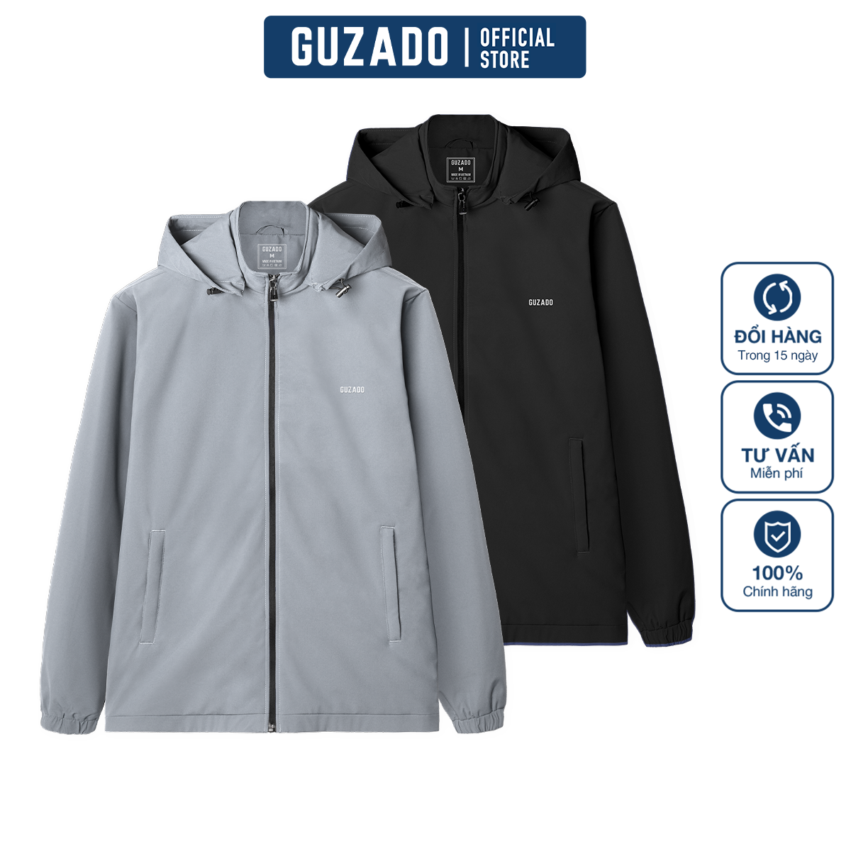 Áo Khoác Gió GUZADO 2 Lớp Mũ Tháo Rời GAG15