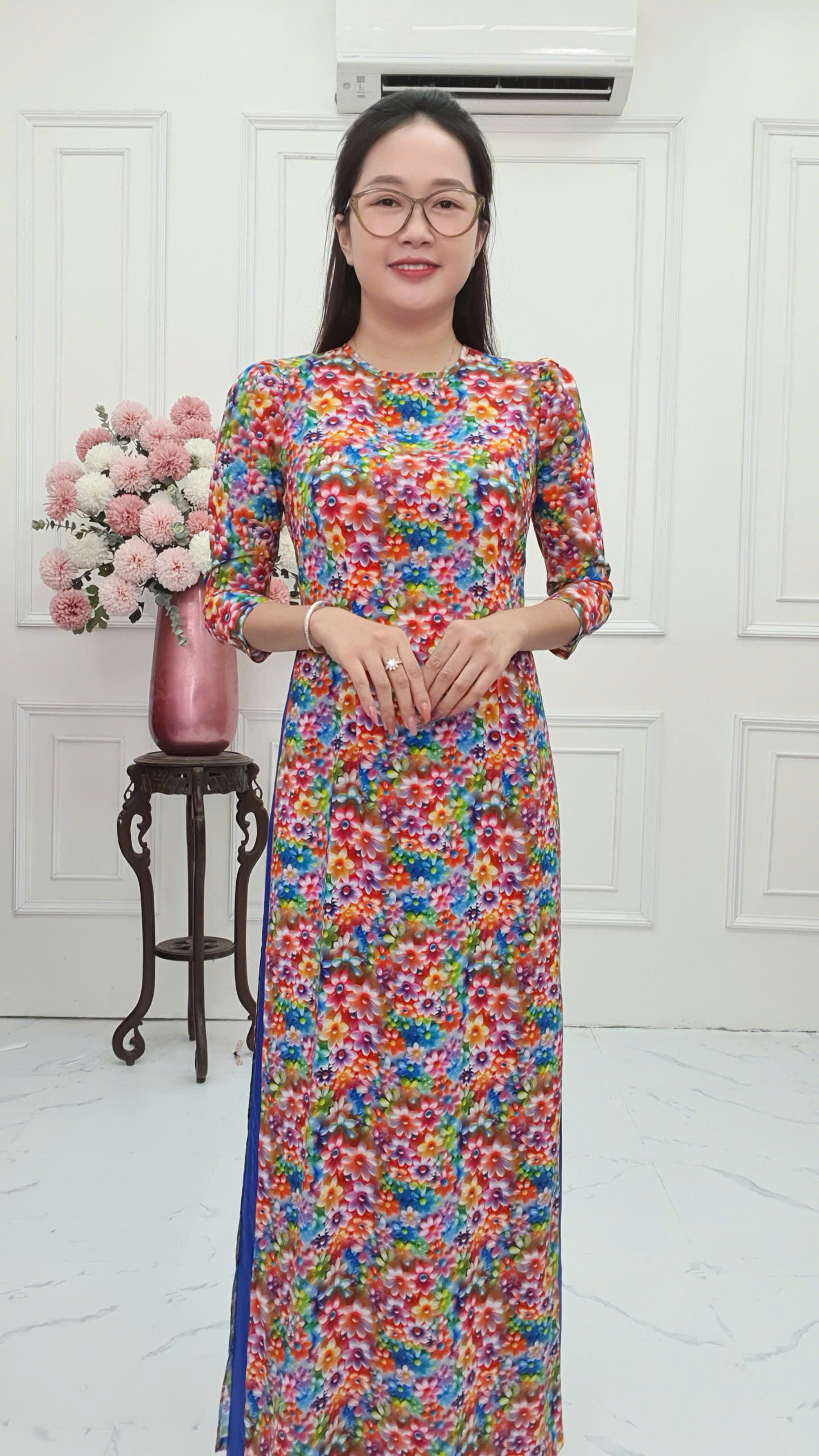 A2782 áo dài khít bồng lụa Nhật hoa đá ngũ sắc