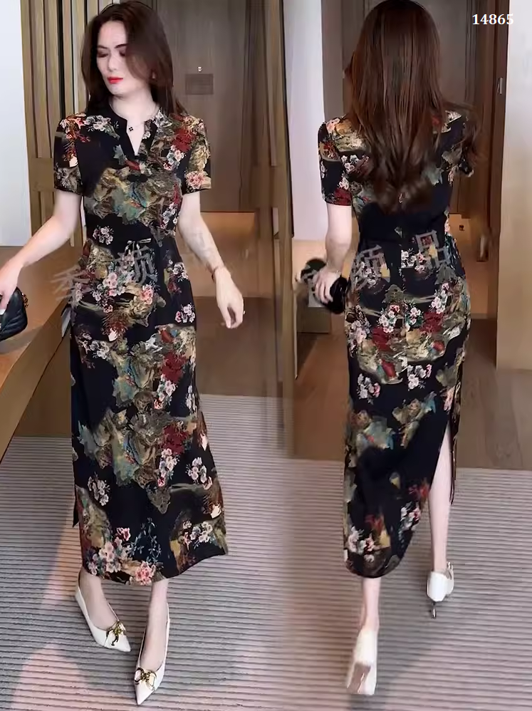 14865-Đầm suông cổ tàu eo rút dây in họa tiết cổ điển ( lụa latin)_thumbnail_1