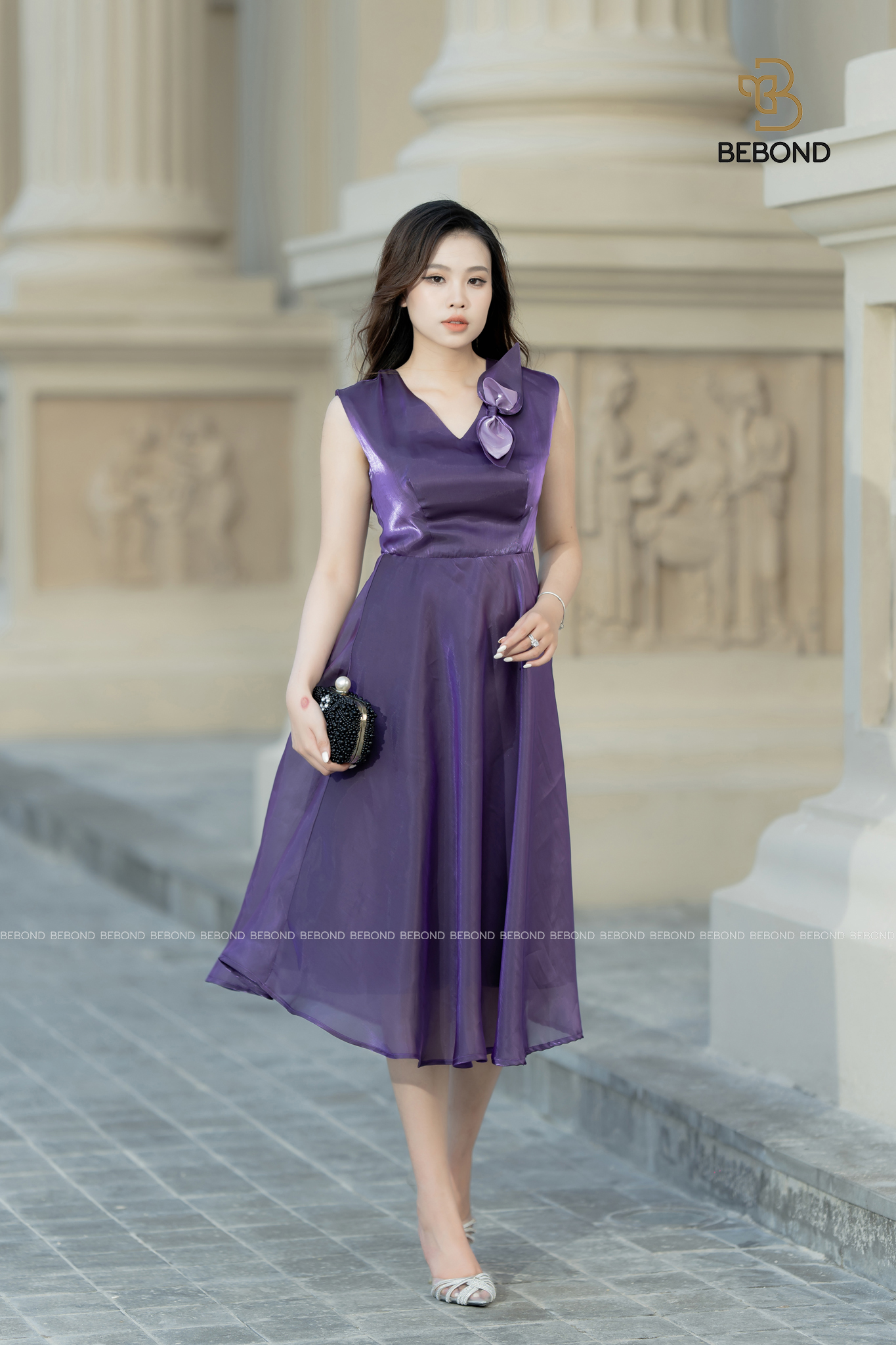 Đầm tơ óng đính nơ màu tím ERINA_thumbnail_0