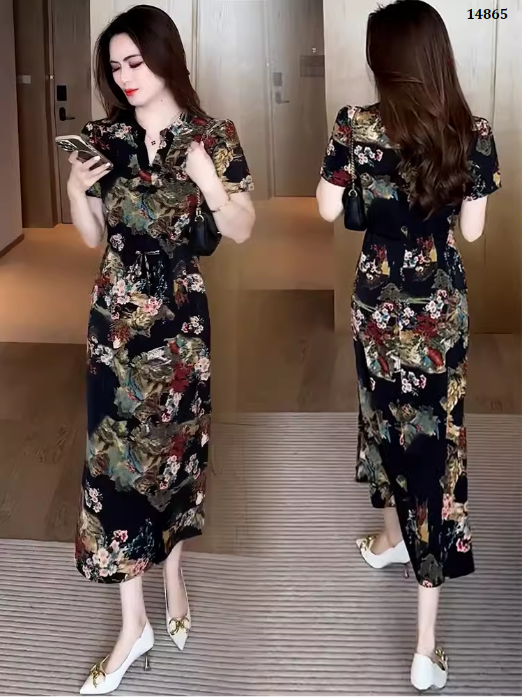 14865-Đầm suông cổ tàu eo rút dây in họa tiết cổ điển ( lụa latin)_thumbnail_0