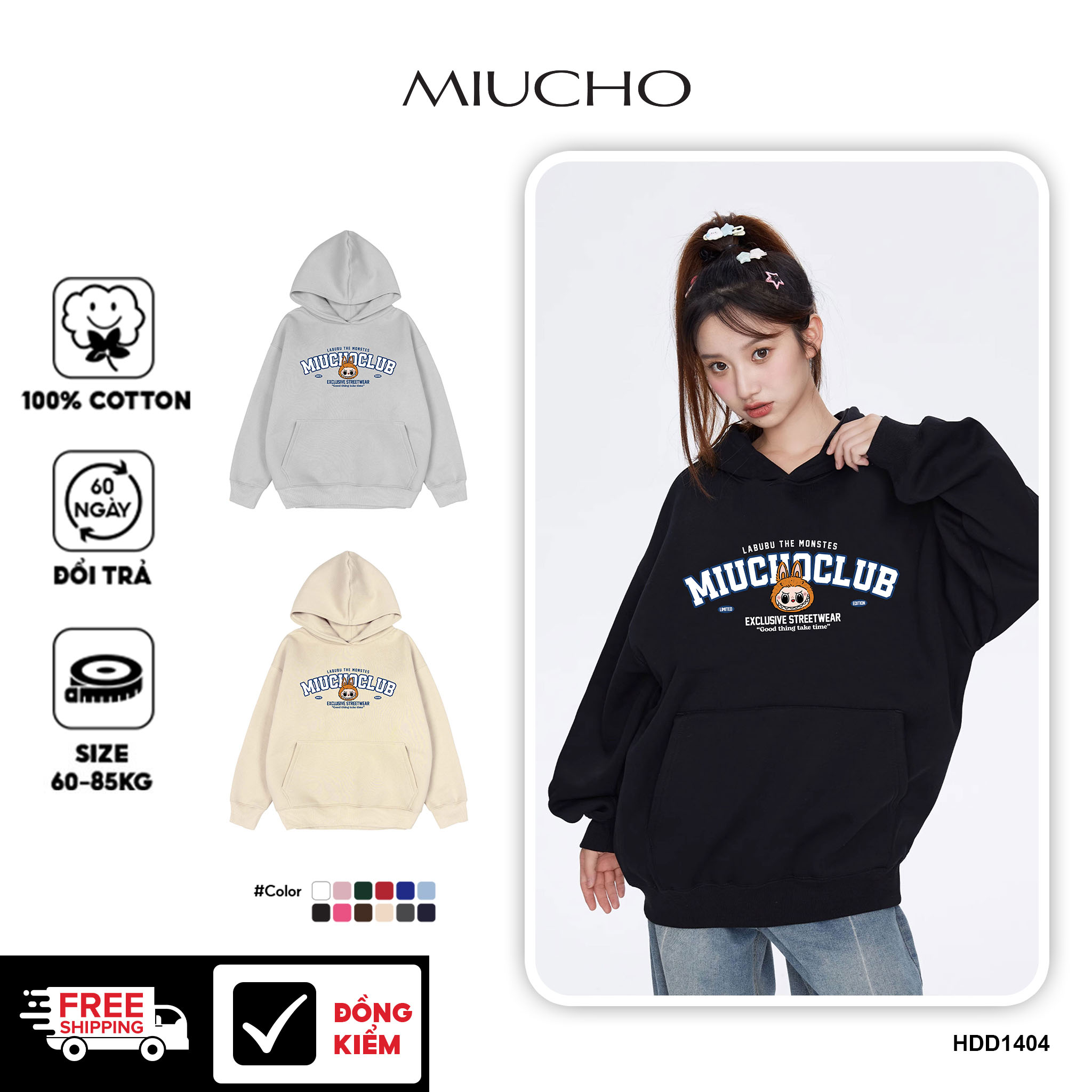 Áo hoodie labubu unisex form rộng HDD1404 Miucho nỉ chân cua dày dặn in mix
