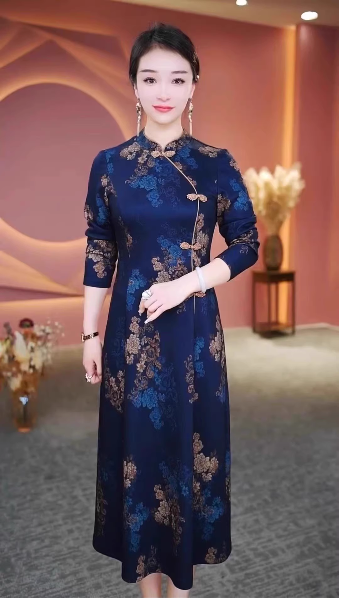 15058-Đầm suông A tay lở cổ tàu kết nút cách điệu (lụa,lót)_thumbnail_0