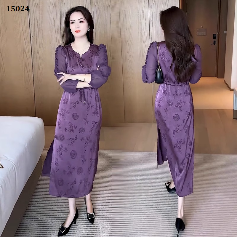 15024-Đầm lụa suông tím tay dài  eo thắt  dây rút cách điệu ( lụa latin, voan)_thumbnail_0