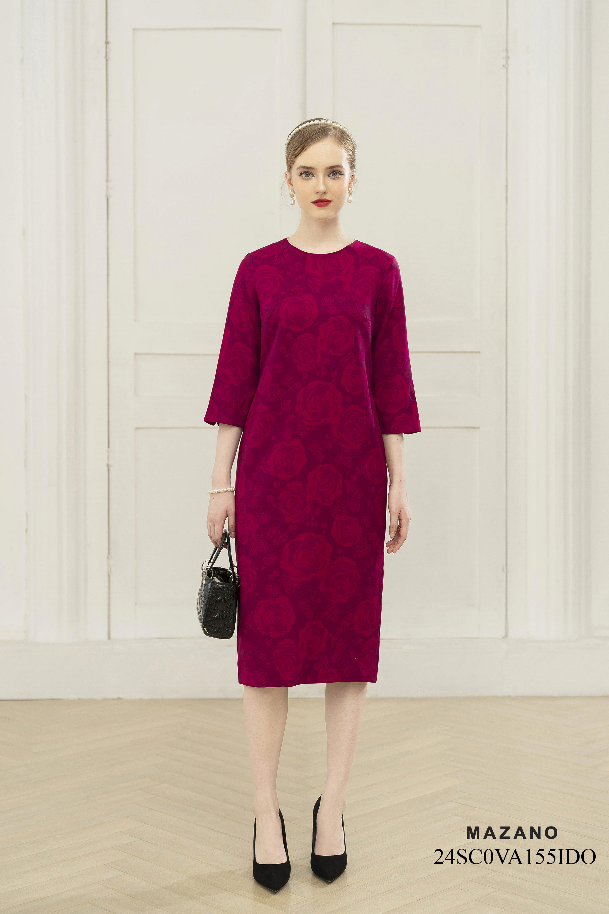 Váy Đầm Suông Vải thô dày Hoạ tiết hoa hồng in chìm Cổ tròn Tay lỡ Dài đến bắp chân