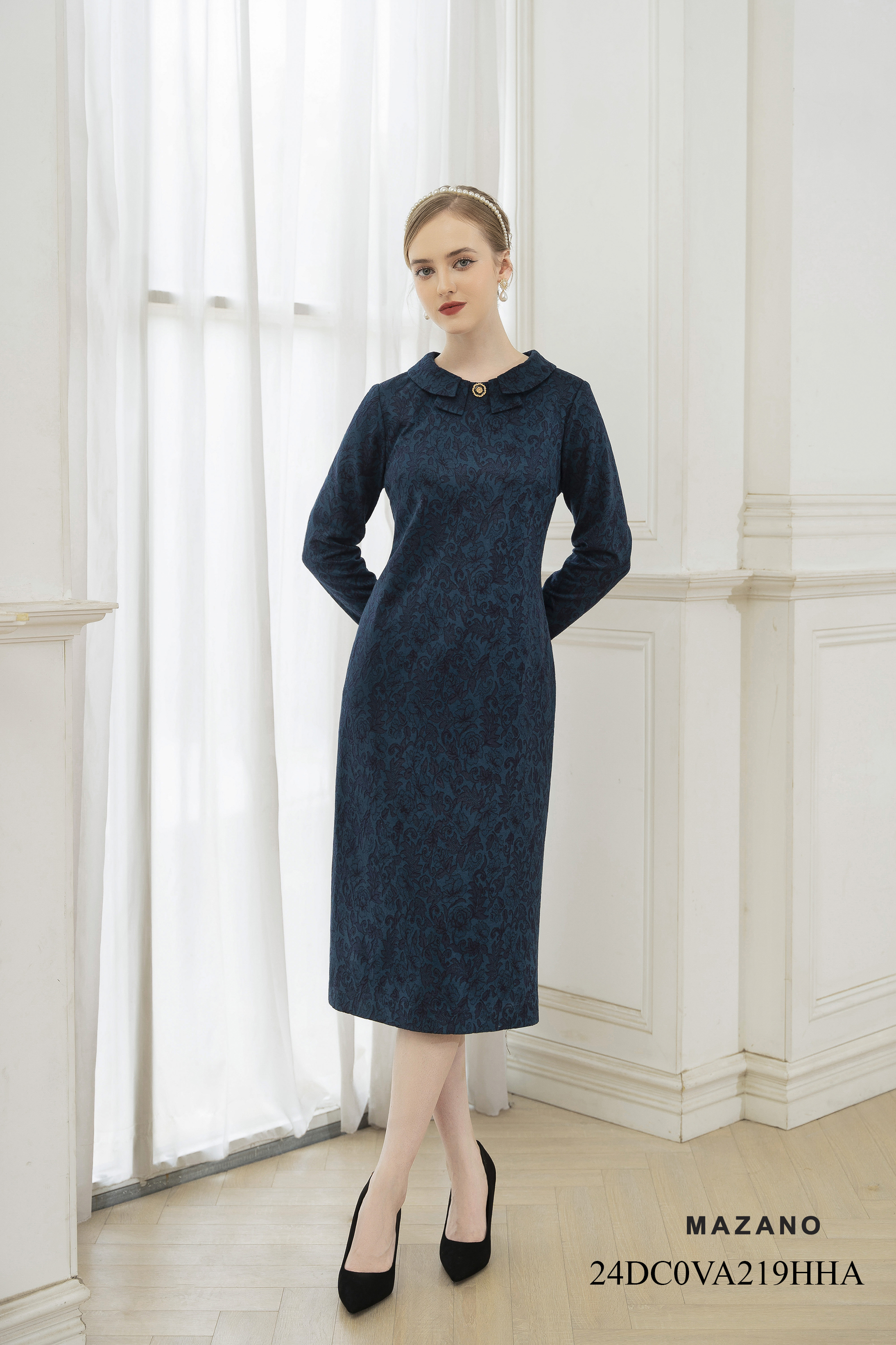 Váy Đầm Suông Vải dạ len Cổ sen cách điệu Tay dài Dài ngang bắp chân  219HHA