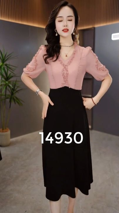 14930-Đầm xoè A phối tay lở hồng nhún viền cách điệu ( voan,chéo nhật)_thumbnail_0