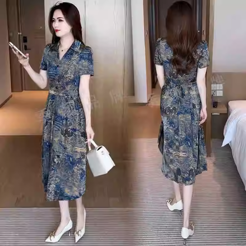 14950-Đầm xòe in họa tiết xám xanh cổ bẻ cách điệu (lụa)_thumbnail_0