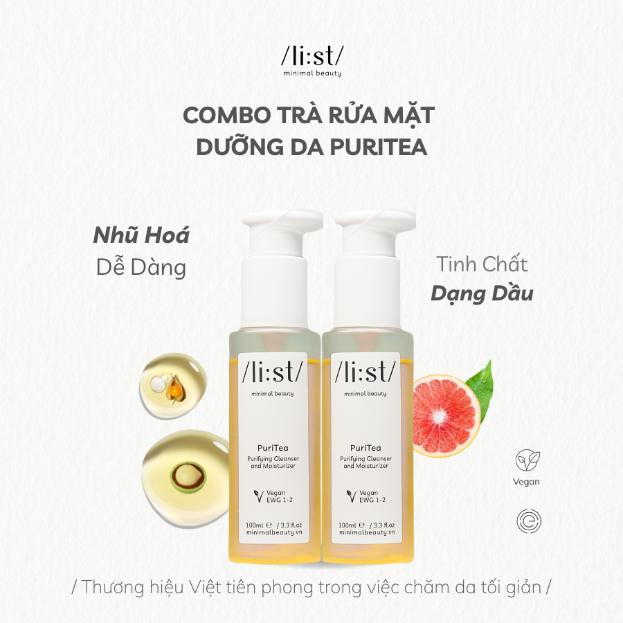 Combo 2 Trà Rửa Mặt Dưỡng Da List 4 in 1 Tẩy Trang, Rửa Mặt, Tẩy Da Chết, Dưỡng Ẩm PuriTea 100ml