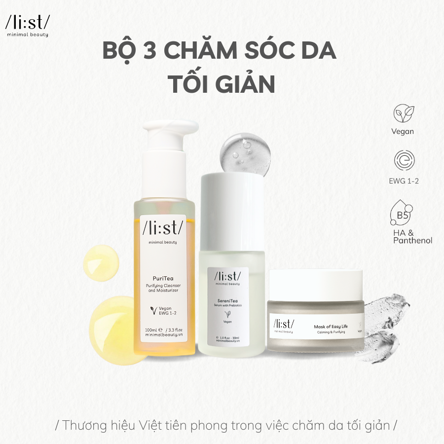 Bộ 3 Chăm Sóc Da Tối Giản List Dưỡng Da, Phục Hồi, Làm Sáng PuriTea 100ml, SereniTea 30ml, Mask Of Easy Life 30g