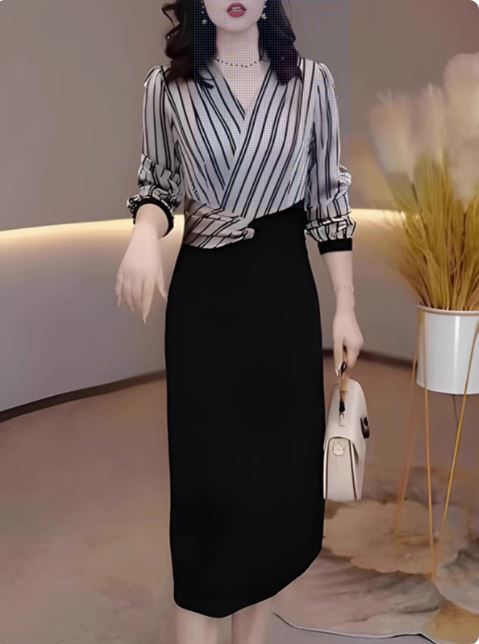 15104-Đầm body công sở tay dài phối kẻ sọc (poly 2 da phối lụa) _thumbnail_2