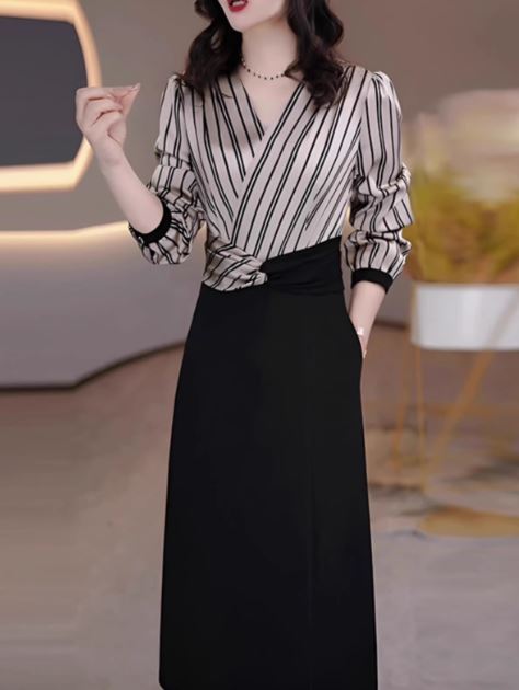 15104-Đầm body công sở tay dài phối kẻ sọc (poly 2 da phối lụa) _thumbnail_0