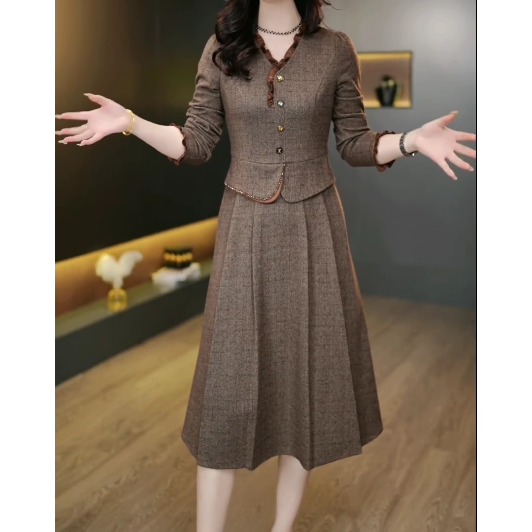 15101-Đầm xoè dài tay dáng peplum viền nâu cách điệu ( thun lụa)_thumbnail_1