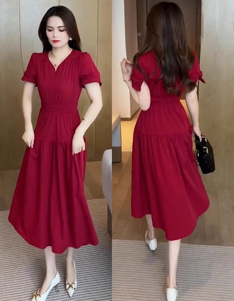 15064-Đầm xòe công sở màu đỏ nối tầng (voan hàn+ lót) 15064_thumbnail_0