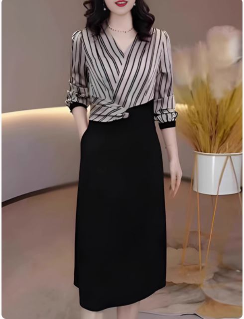 15104-Đầm body công sở tay dài phối kẻ sọc (poly 2 da phối lụa) _thumbnail_1