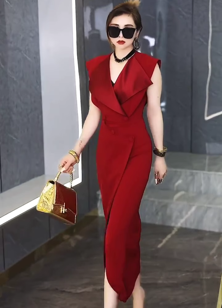 15040-Đầm body suông đỏ cổ  bẻ vạt đắp chéo cách điệu ( thun mịn, lụa)_thumbnail_1