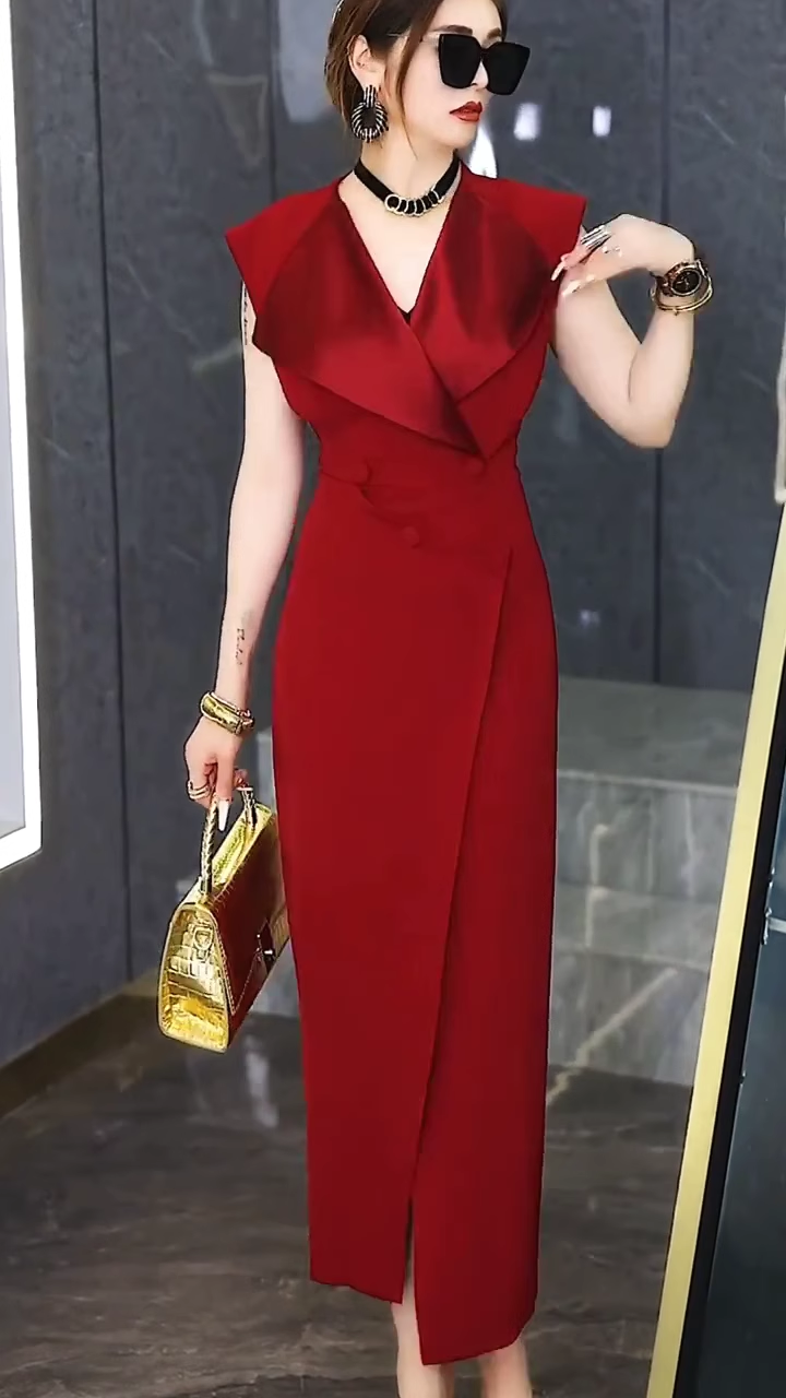 15040-Đầm body suông đỏ cổ  bẻ vạt đắp chéo cách điệu ( thun mịn, lụa)_thumbnail_2