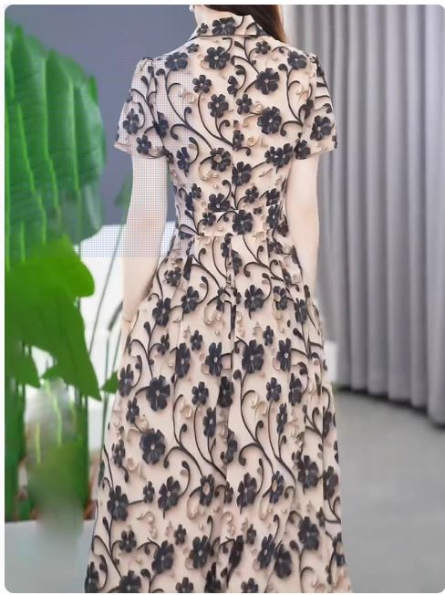 14907-Đầm xòe trung niên họa tiết hoa 3D (voan 3D) _thumbnail_0