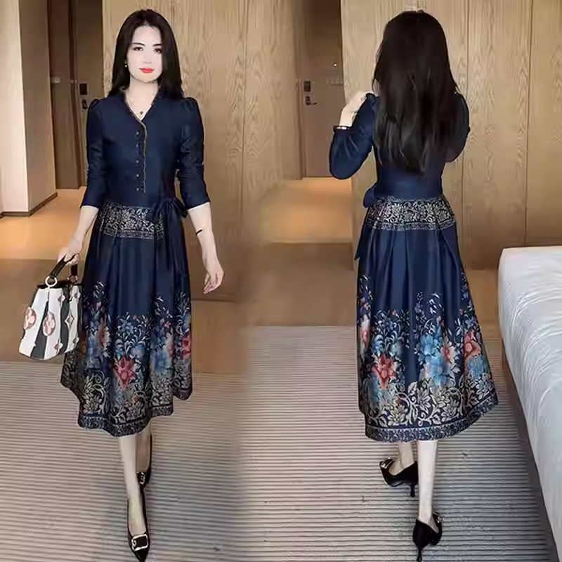 15106-Đầm xoè xanh đen tay lở  tà in hoa ( thun cotton mỹ)_thumbnail_0