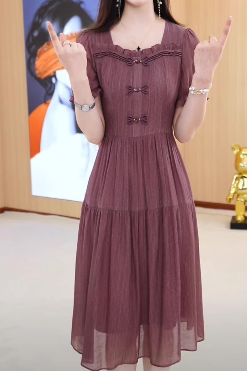 15096-Đầm xoè  tay ngắn kết nút tàu cổ nhún viền  cách điệu ( voan tơ bọt)_thumbnail_1