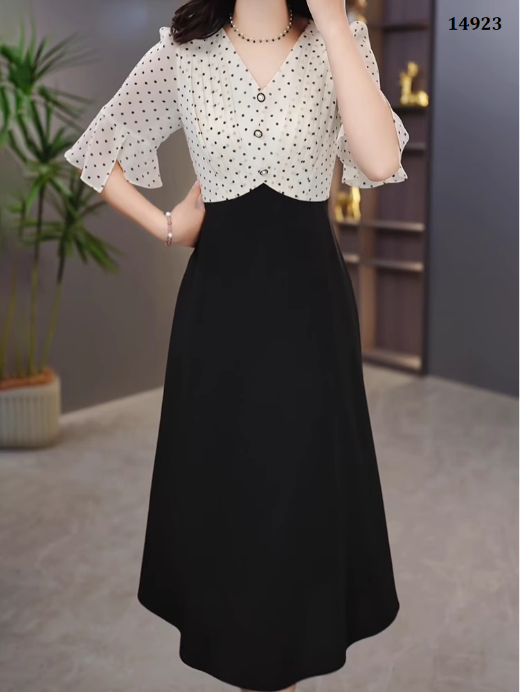 14923-Đầm xòe phối tay voan lở chấm bi cách điệu ( voan bi, chéo nhật)_thumbnail_0