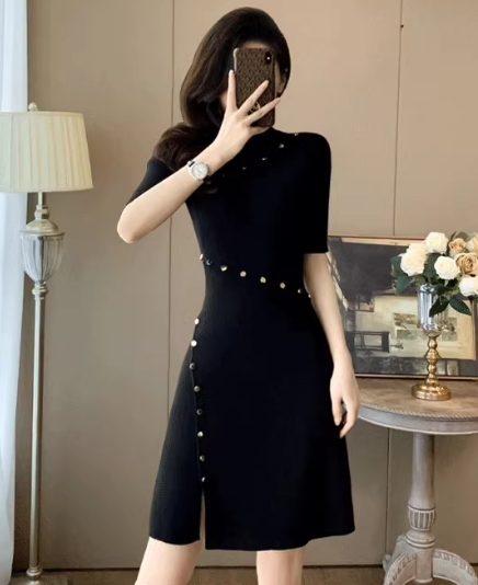 15754-Đầm suông đen tay ngắn kết nút chéo ( thun tâm)_thumbnail_0