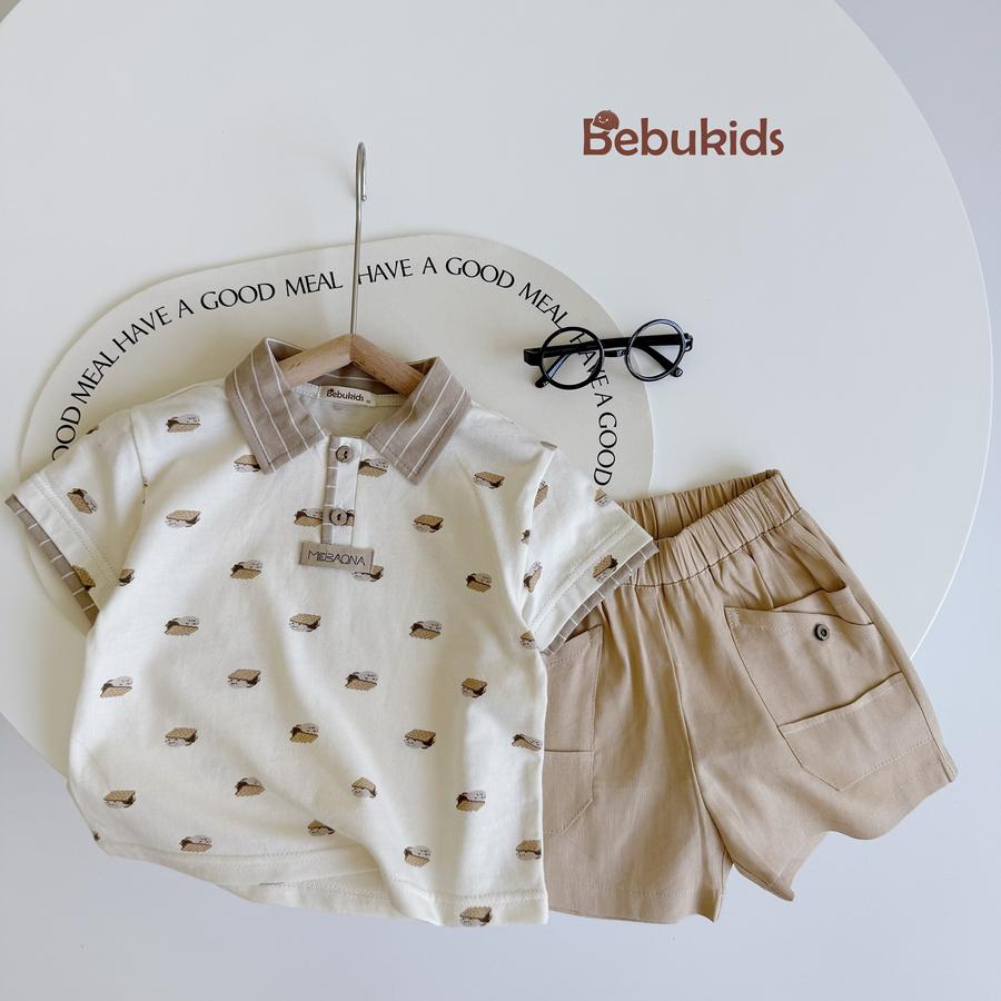 SB2122- bộ polo phối cổ tay nẹp, in họa tiết ngôi nhà, bánh quy