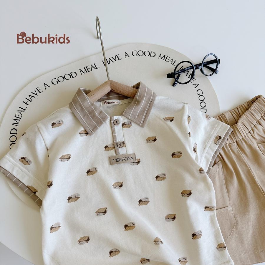 SB2122- bộ polo phối cổ tay nẹp, in họa tiết ngôi nhà, bánh quy